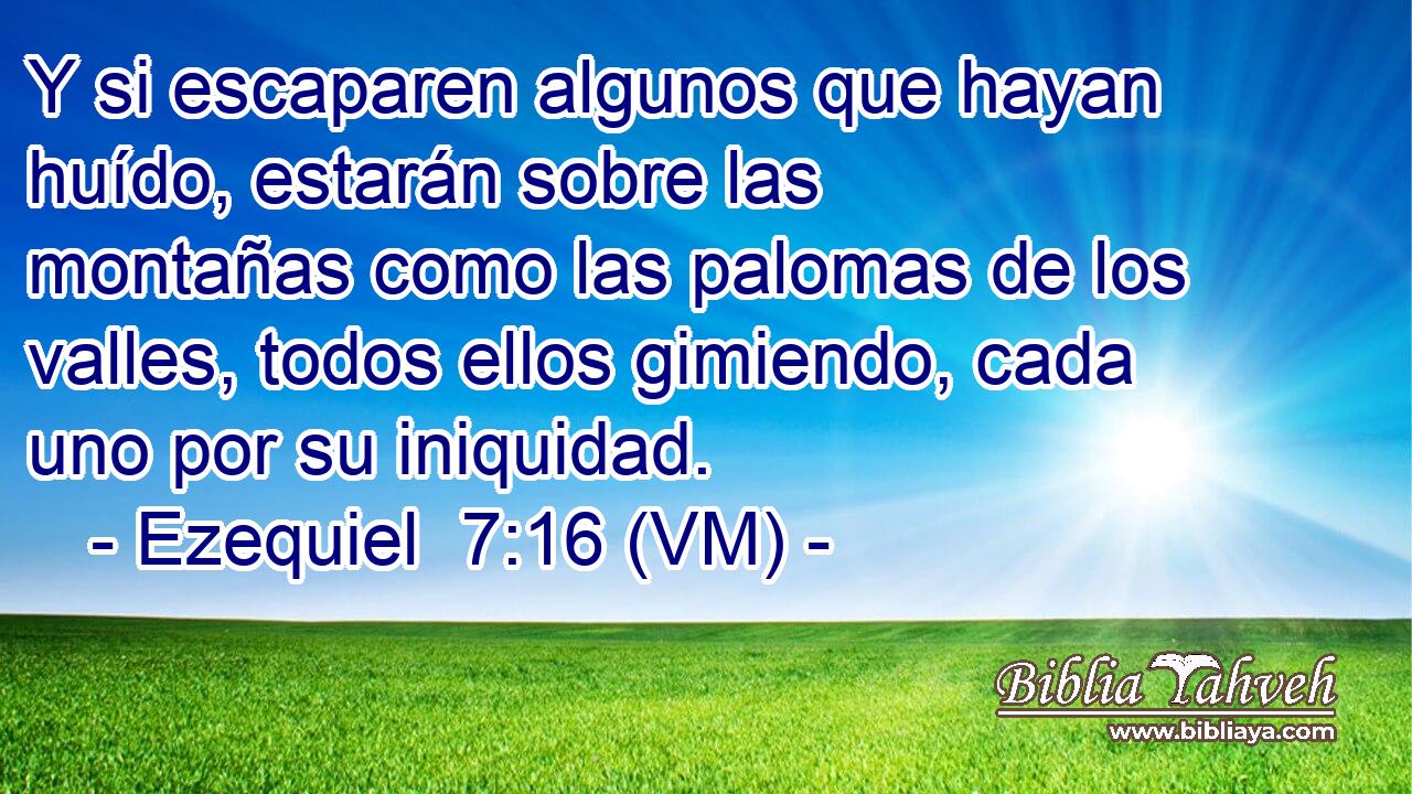  Y si escaparen algunos que hayan huído, estarán sobre las montañas como las palomas de los valles, todos ellos gimiendo, cada uno por su iniquidad. 