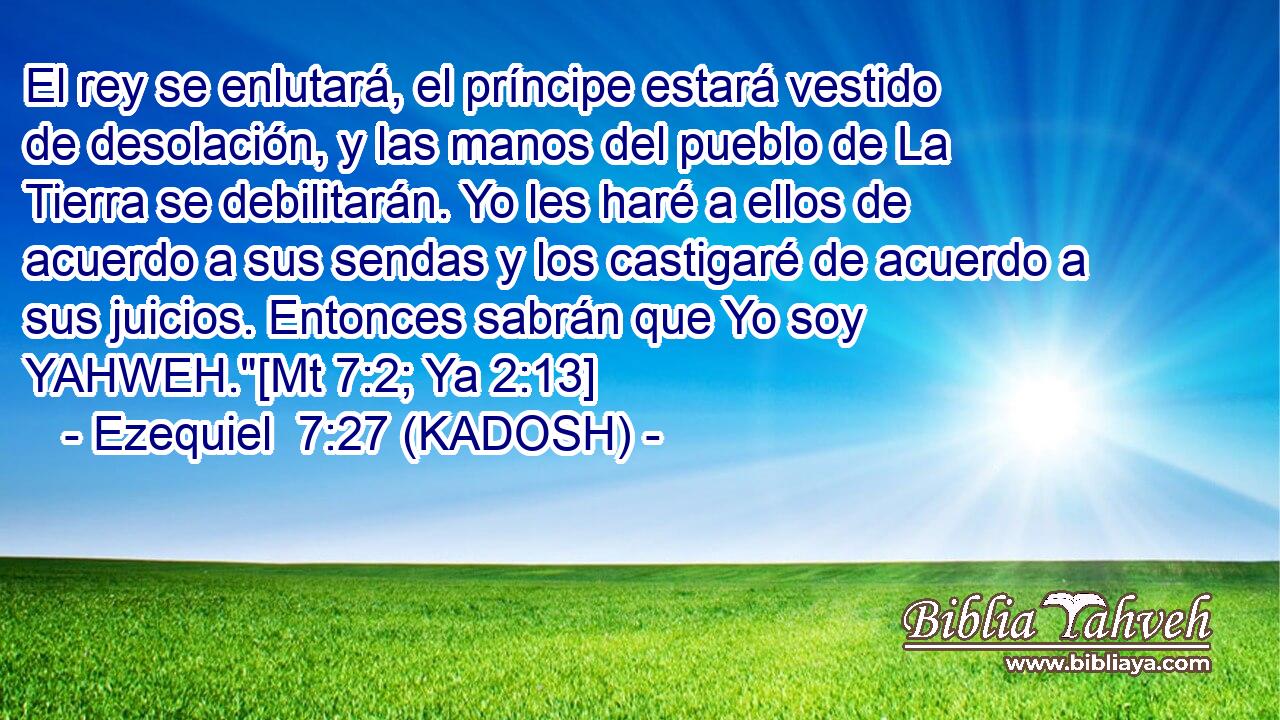  El rey se enlutará, el príncipe estará vestido de desolación, y las manos del pueblo de La Tierra se debilitarán. Yo les haré a ellos de acuerdo a sus sendas y los castigaré de acuerdo a sus juicios. Entonces sabrán que Yo soy YAHWEH.