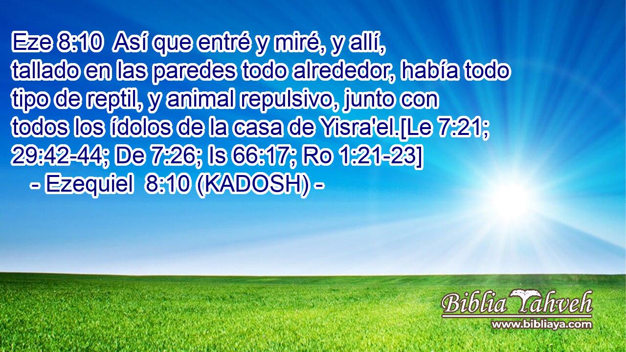  Así que entré y miré, y allí, tallado en las paredes todo alrededor, había todo tipo de reptil, y animal repulsivo, junto con todos los ídolos de la casa de Yisra'el.[Le 7:21; 29:42-44; De 7:26; Is 66:17; Ro 1:21-23] 