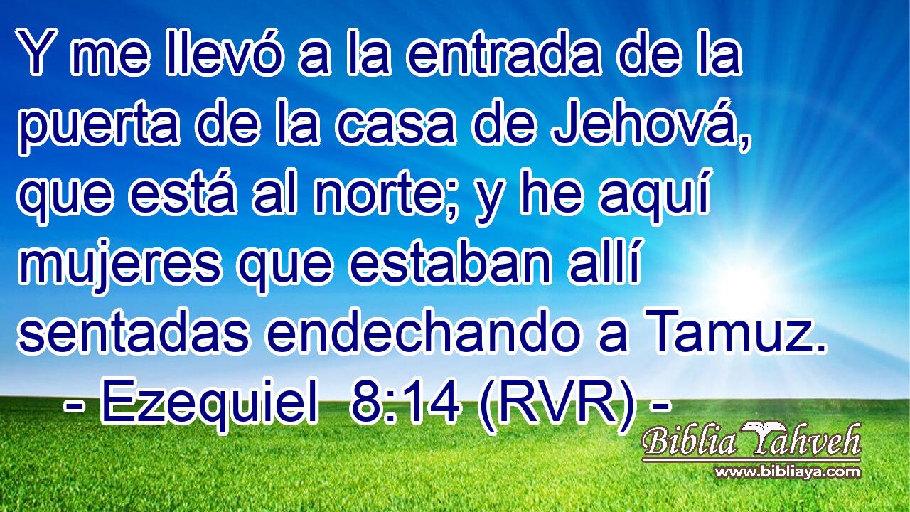 Y me llevó a la entrada de la puerta de la casa de Jehová, que está al norte; y he aquí mujeres que estaban allí sentadas endechando a Tamuz.