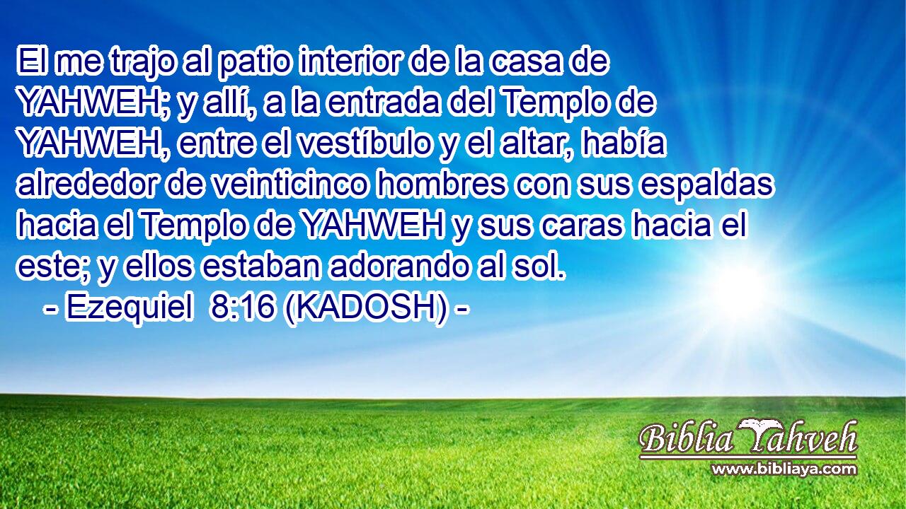 El me trajo al patio interior de la casa de YAHWEH; y allí, a la entrada del Templo de YAHWEH, entre el vestíbulo y el altar, había alrededor de veinticinco hombres con sus espaldas hacia el Templo de YAHWEH y sus caras hacia el este; y ellos estaban adorando al sol. 