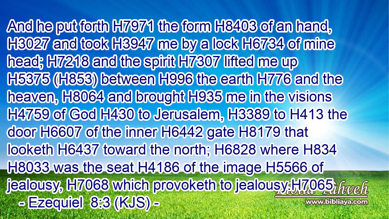 And he put forth H7971 the form H8403 of an hand, H3027 and took H3947 me by a lock H6734 of mine head; H7218 and the spirit H7307 lifted me up H5375 (H853) between H996 the earth H776 and the heaven, H8064 and brought H935 me in the visions H4759 of God H430 to Jerusalem, H3389 to H413 the door H6607 of the inner H6442 gate H8179 that looketh H6437 toward the north; H6828 where H834  H8033 was the seat H4186 of the image H5566 of jealousy, H7068 which provoketh to jealousy.H7065