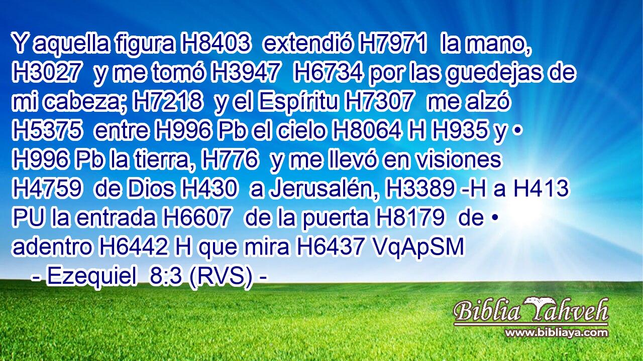 Y aquella figura H8403  extendió H7971  la mano, H3027  y me tomó H3947  H6734 por las guedejas de mi cabeza; H7218  y el Espíritu H7307  me alzó H5375  entre H996 Pb el cielo H8064 H H935 y • H996 Pb la tierra, H776  y me llevó en visiones H4759  de Dios H430  a Jerusalén, H3389 -H a H413 PU la entrada H6607  de la puerta H8179  de • adentro H6442 H que mira H6437 VqApSM