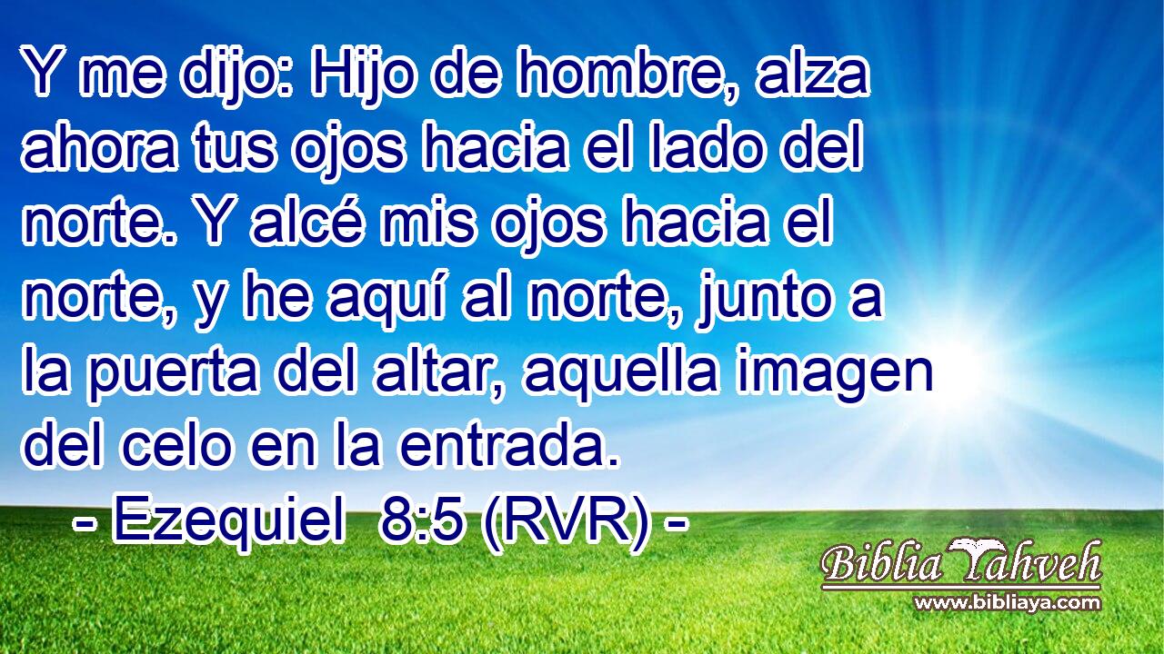 Y me dijo: Hijo de hombre, alza ahora tus ojos hacia el lado del norte. Y alcé mis ojos hacia el norte, y he aquí al norte, junto a la puerta del altar, aquella imagen del celo en la entrada.