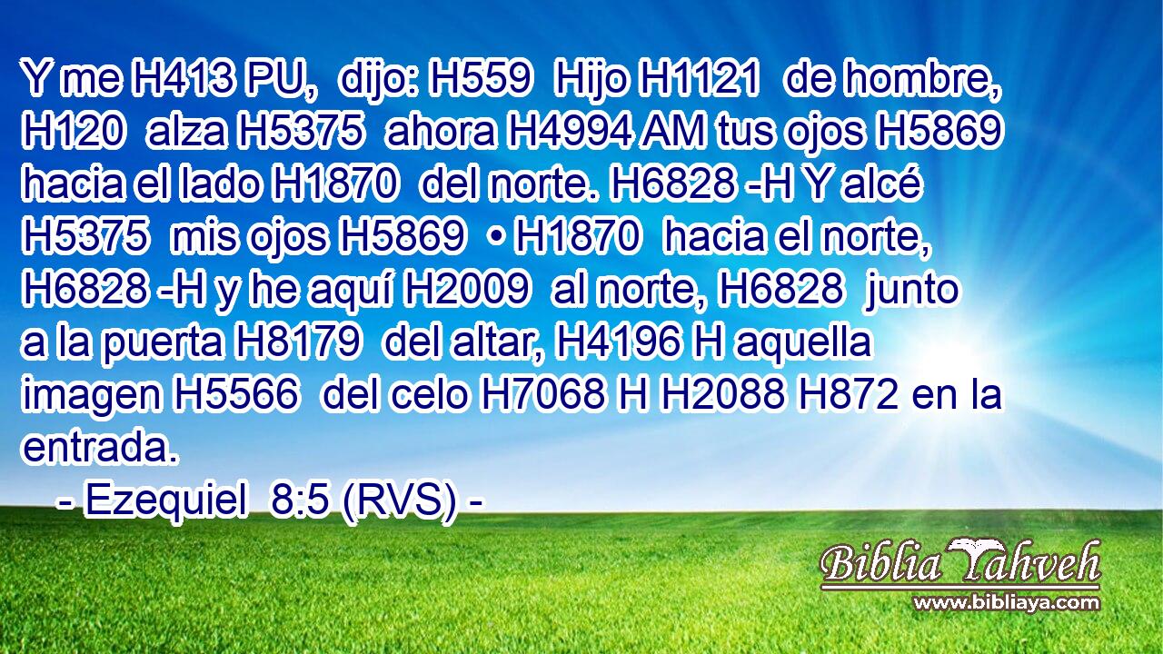 Y me H413 PU,  dijo: H559  Hijo H1121  de hombre, H120  alza H5375  ahora H4994 AM tus ojos H5869  hacia el lado H1870  del norte. H6828 -H Y alcé H5375  mis ojos H5869  • H1870  hacia el norte, H6828 -H y he aquí H2009  al norte, H6828  junto a la puerta H8179  del altar, H4196 H aquella imagen H5566  del celo H7068 H H2088 H872 en la entrada. 