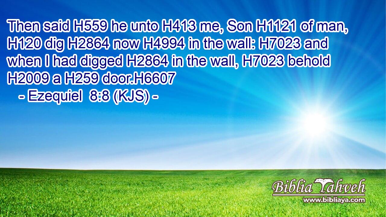 Then said H559 he unto H413 me, Son H1121 of man, H120 dig H2864 now H4994 in the wall: H7023 and when I had digged H2864 in the wall, H7023 behold H2009 a H259 door.H6607