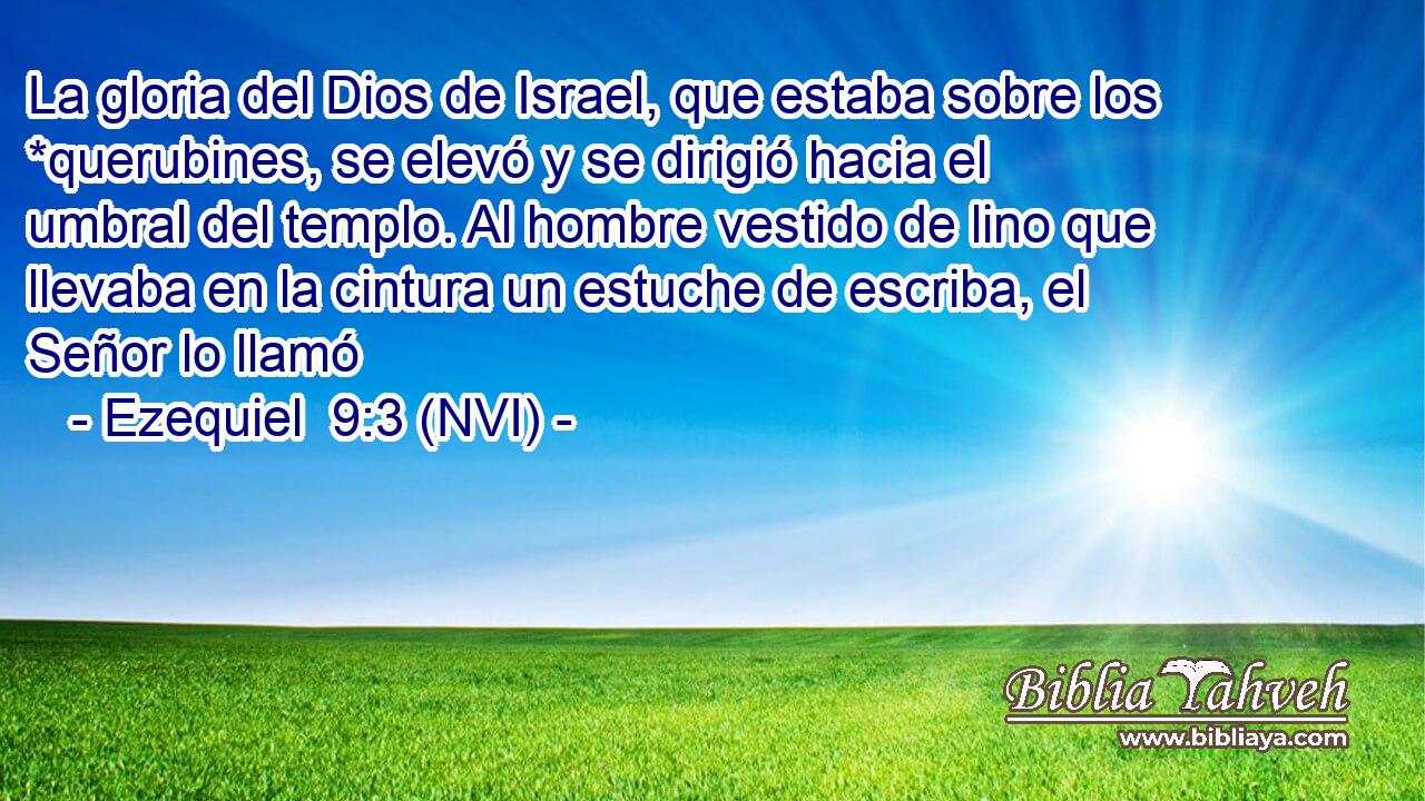  La gloria del Dios de Israel, que estaba sobre los *querubines, se elevó y se dirigió hacia el umbral del templo. Al hombre vestido de lino que llevaba en la cintura un estuche de escriba, el Señor lo llamó 