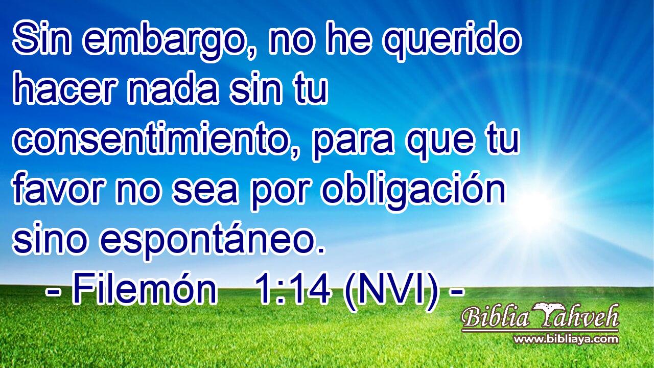  Sin embargo, no he querido hacer nada sin tu consentimiento, para que tu favor no sea por obligación sino espontáneo. 