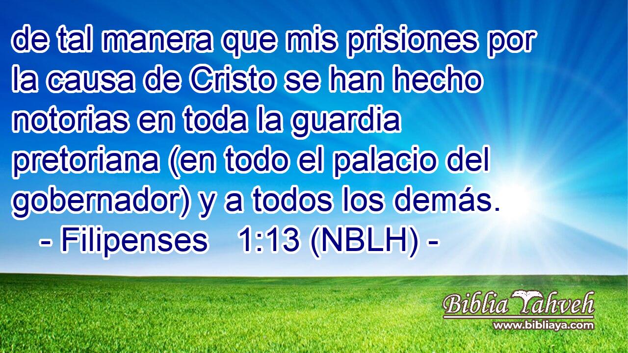  de tal manera que mis prisiones por la causa de Cristo se han hecho notorias en toda la guardia pretoriana (en todo el palacio del gobernador) y a todos los demás. 