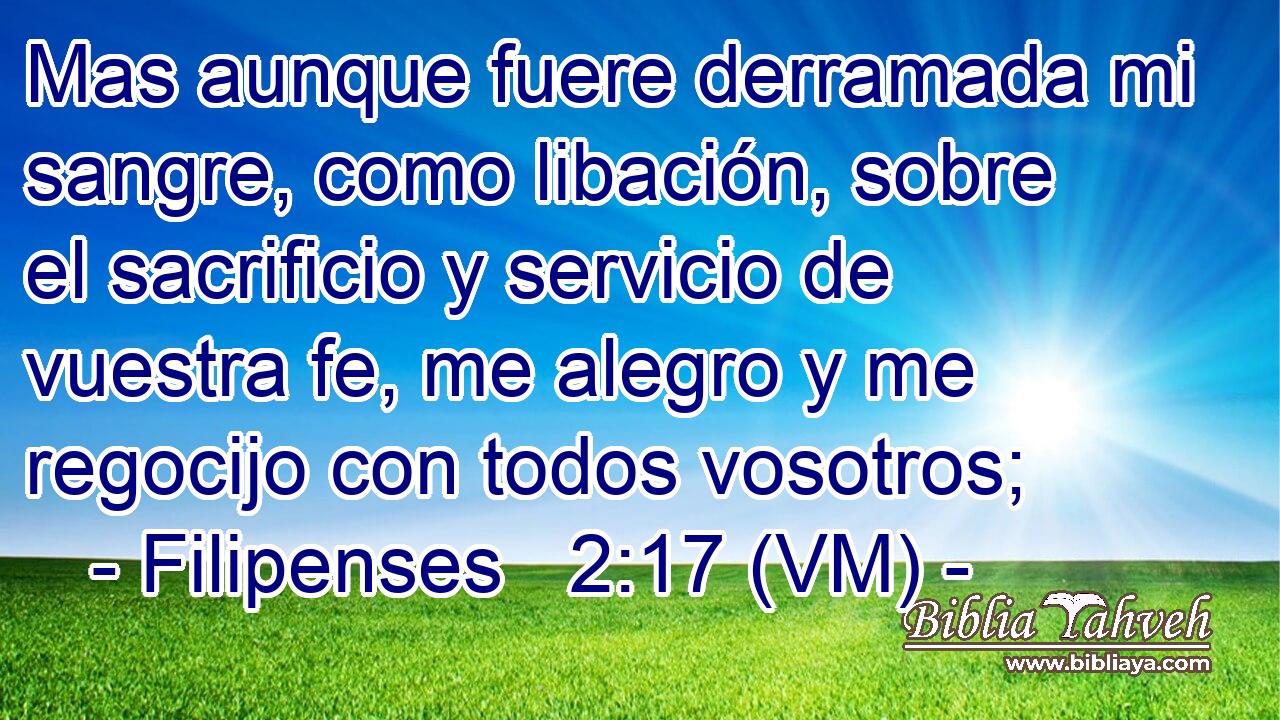  Mas aunque fuere derramada mi sangre, como libación, sobre el sacrificio y servicio de vuestra fe, me alegro y me regocijo con todos vosotros; 