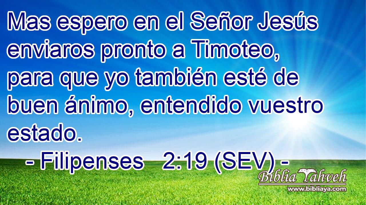 Mas espero en el Señor Jesús enviaros pronto a Timoteo, para que yo también esté de buen ánimo, entendido vuestro estado.