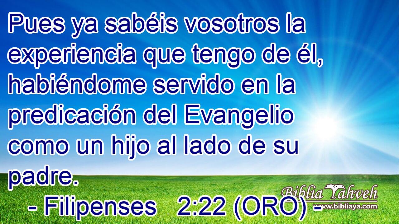  Pues ya sabéis vosotros la experiencia que tengo de él, habiéndome servido en la predicación del Evangelio como un hijo al lado de su padre. 