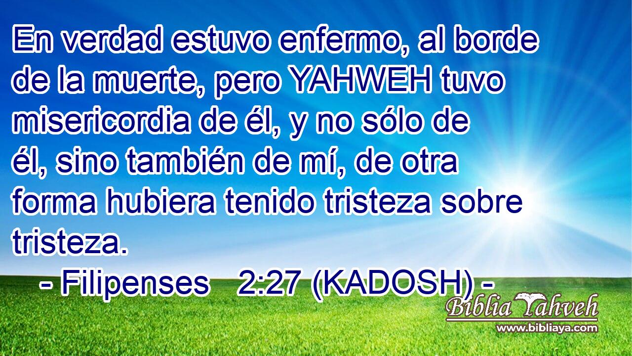  En verdad estuvo enfermo, al borde de la muerte, pero YAHWEH tuvo misericordia de él, y no sólo de él, sino también de mí, de otra forma hubiera tenido tristeza sobre tristeza. 