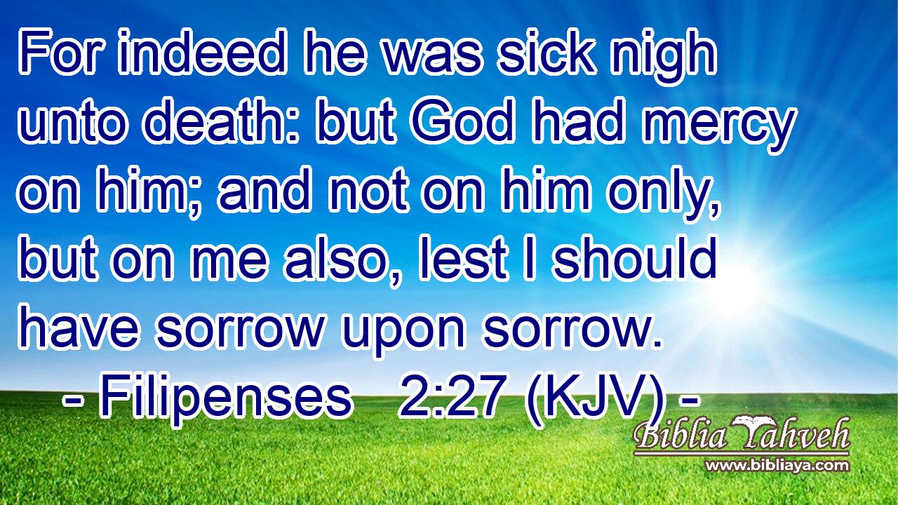 For indeed he was sick nigh unto death: but God had mercy on him; and not on him only, but on me also, lest I should have sorrow upon sorrow.