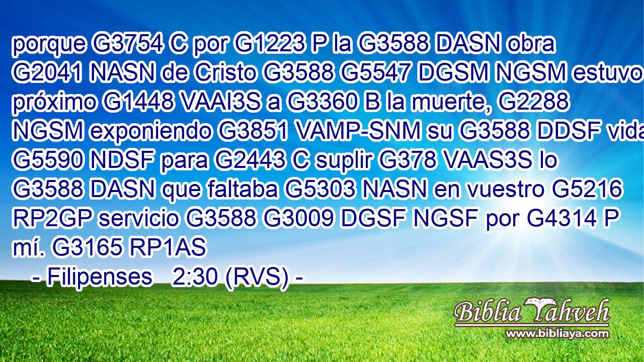 porque G3754 C por G1223 P la G3588 DASN obra G2041 NASN de Cristo G3588 G5547 DGSM NGSM estuvo próximo G1448 VAAI3S a G3360 B la muerte, G2288 NGSM exponiendo G3851 VAMP-SNM su G3588 DDSF vida G5590 NDSF para G2443 C suplir G378 VAAS3S lo G3588 DASN que faltaba G5303 NASN en vuestro G5216 RP2GP servicio G3588 G3009 DGSF NGSF por G4314 P mí. G3165 RP1AS 