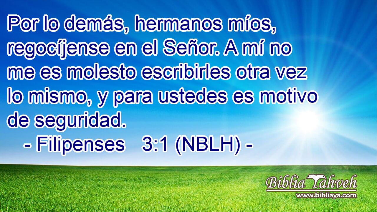  Por lo demás, hermanos míos, regocíjense en el Señor. A mí no me es molesto escribirles otra vez lo mismo, y para ustedes es motivo de seguridad. 