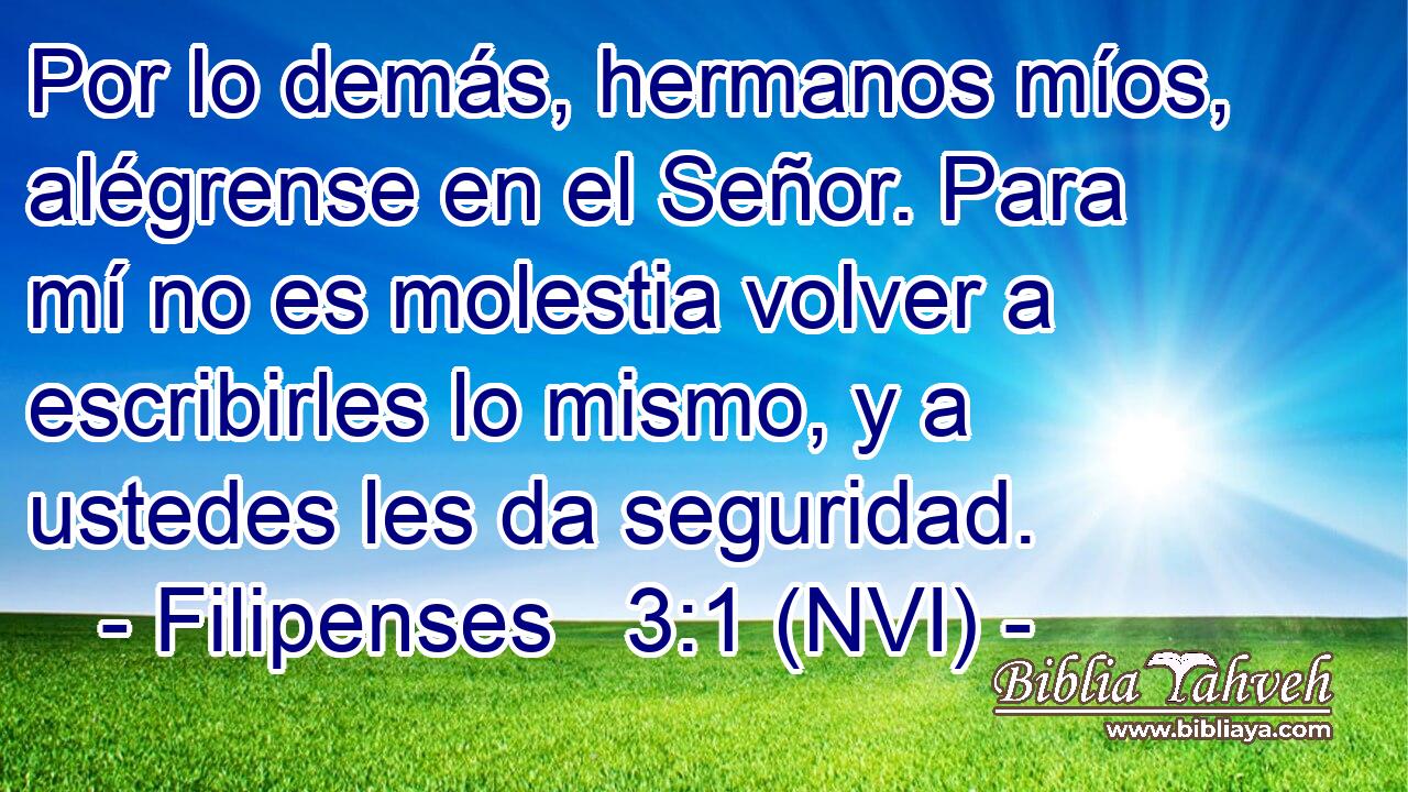  Por lo demás, hermanos míos, alégrense en el Señor. Para mí no es molestia volver a escribirles lo mismo, y a ustedes les da seguridad. 