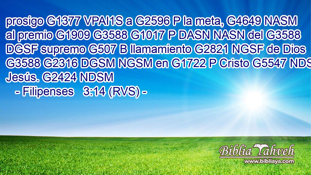 prosigo G1377 VPAI1S a G2596 P la meta, G4649 NASM al premio G1909 G3588 G1017 P DASN NASN del G3588 DGSF supremo G507 B llamamiento G2821 NGSF de Dios G3588 G2316 DGSM NGSM en G1722 P Cristo G5547 NDSM Jesús. G2424 NDSM 