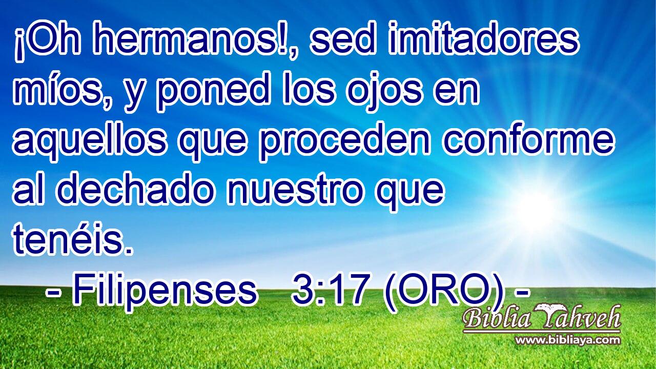  ¡Oh hermanos!, sed imitadores míos, y poned los ojos en aquellos que proceden conforme al dechado nuestro que tenéis. 