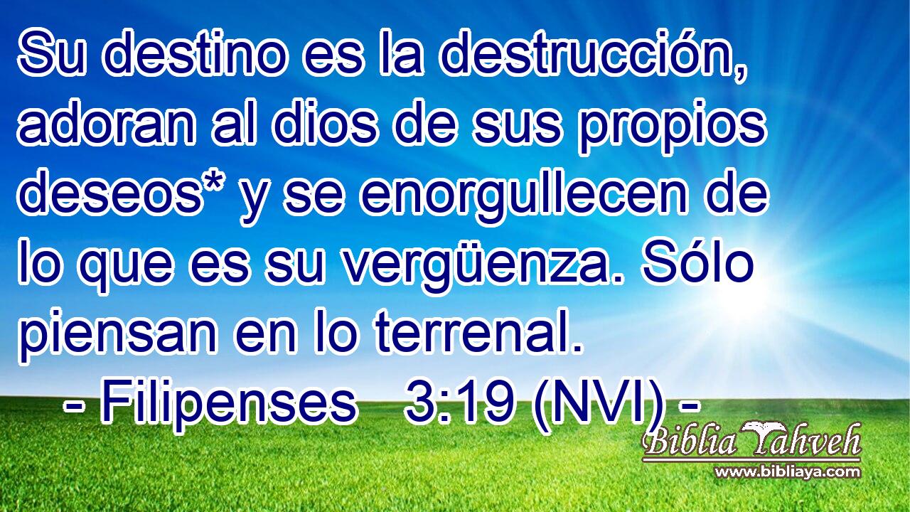  Su destino es la destrucción, adoran al dios de sus propios deseos* y se enorgullecen de lo que es su vergüenza. Sólo piensan en lo terrenal. 