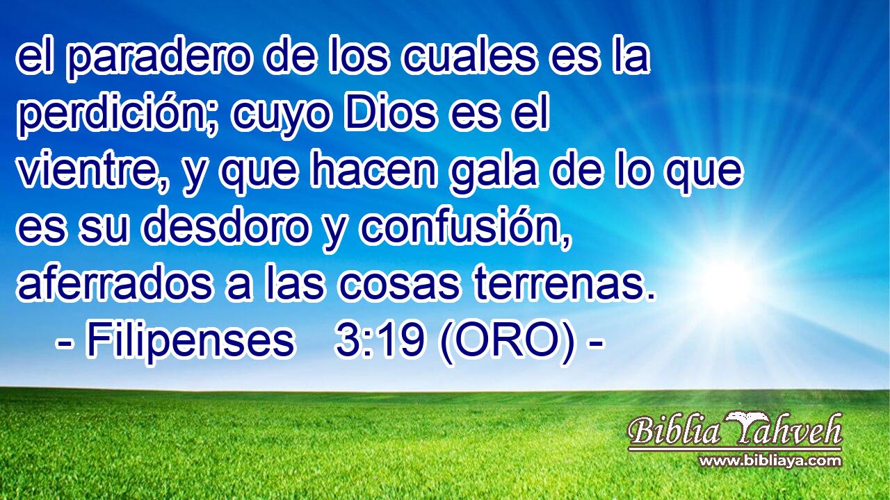  el paradero de los cuales es la perdición; cuyo Dios es el vientre, y que hacen gala de lo que es su desdoro y confusión, aferrados a las cosas terrenas. 