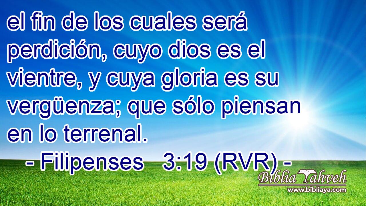 el fin de los cuales será perdición, cuyo dios es el vientre, y cuya gloria es su vergüenza; que sólo piensan en lo terrenal.