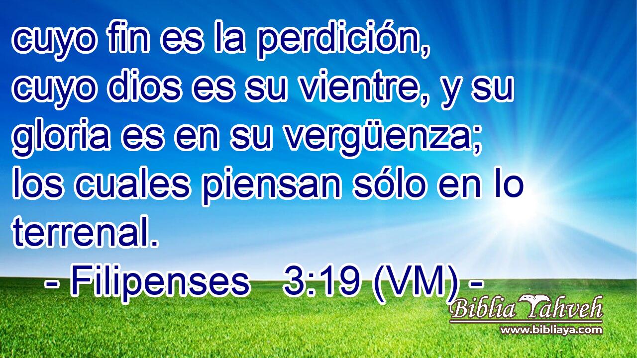  cuyo fin es la perdición, cuyo dios es su vientre, y su gloria es en su vergüenza; los cuales piensan sólo en lo terrenal. 