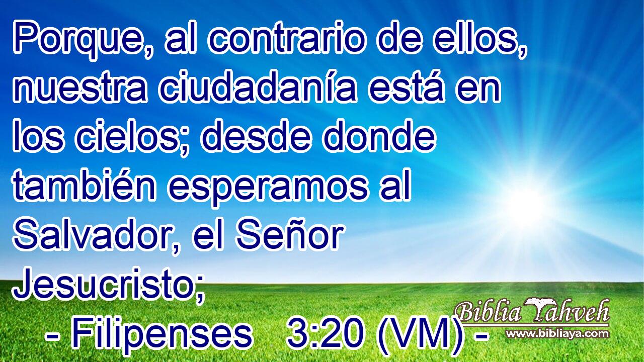  Porque, al contrario de ellos, nuestra ciudadanía está en los cielos; desde donde también esperamos al Salvador, el Señor Jesucristo; 