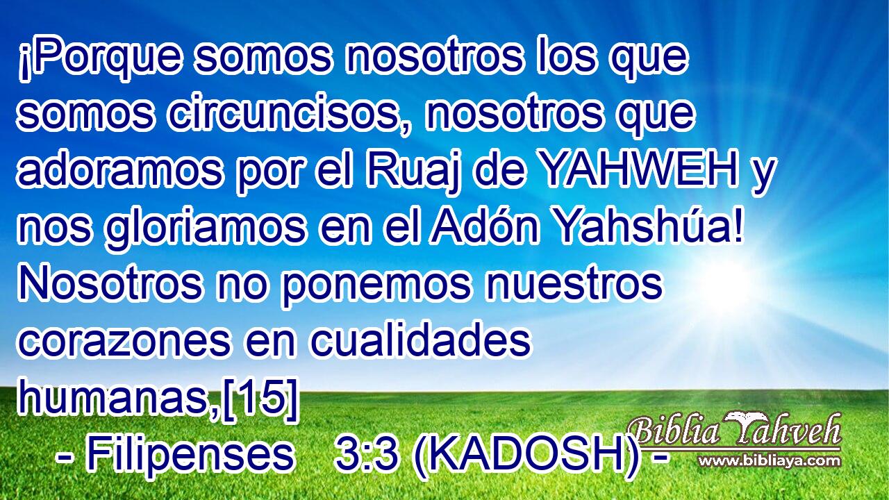  ¡Porque somos nosotros los que somos circuncisos, nosotros que adoramos por el Ruaj de YAHWEH y nos gloriamos en el Adón Yahshúa! Nosotros no ponemos nuestros corazones en cualidades humanas,[15] 