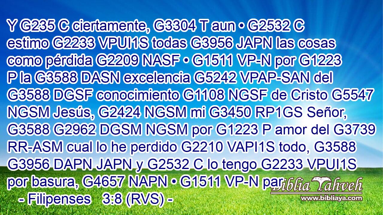 Y G235 C ciertamente, G3304 T aun • G2532 C estimo G2233 VPUI1S todas G3956 JAPN las cosas como pérdida G2209 NASF • G1511 VP-N por G1223 P la G3588 DASN excelencia G5242 VPAP-SAN del G3588 DGSF conocimiento G1108 NGSF de Cristo G5547 NGSM Jesús, G2424 NGSM mi G3450 RP1GS Señor, G3588 G2962 DGSM NGSM por G1223 P amor del G3739 RR-ASM cual lo he perdido G2210 VAPI1S todo, G3588 G3956 DAPN JAPN y G2532 C lo tengo G2233 VPUI1S por basura, G4657 NAPN • G1511 VP-N par