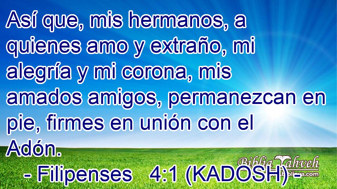  Así que, mis hermanos, a quienes amo y extraño, mi alegría y mi corona, mis amados amigos, permanezcan en pie, firmes en unión con el Adón. 