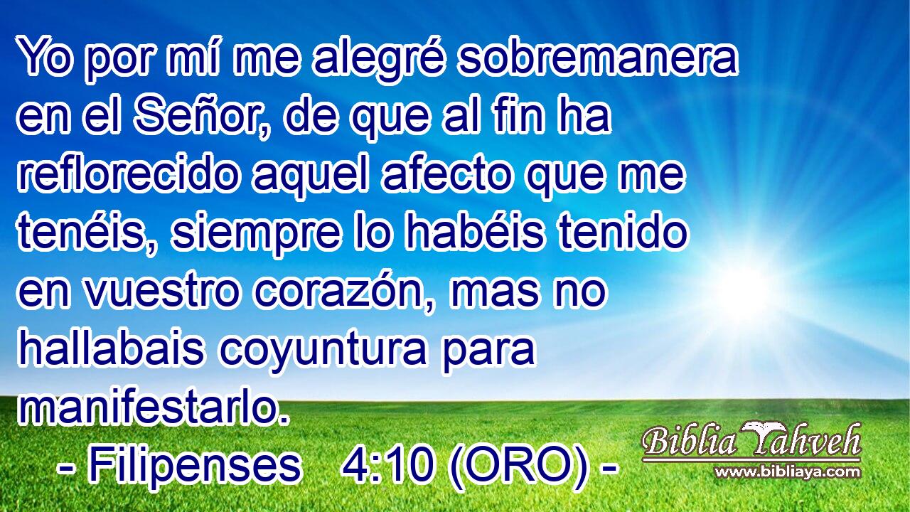  Yo por mí me alegré sobremanera en el Señor, de que al fin ha reflorecido aquel afecto que me tenéis, siempre lo habéis tenido en vuestro corazón, mas no hallabais coyuntura para manifestarlo. 