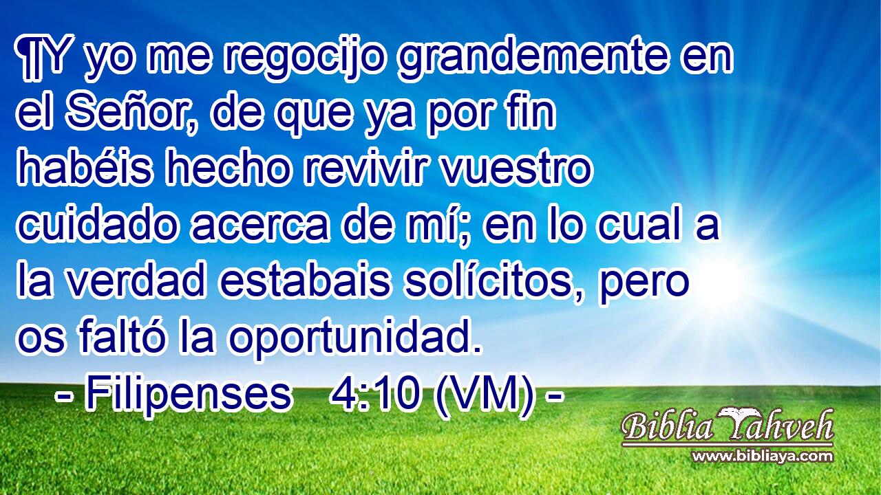  ¶Y yo me regocijo grandemente en el Señor, de que ya por fin habéis hecho revivir vuestro cuidado acerca de mí; en lo cual a la verdad estabais solícitos, pero os faltó la oportunidad. 