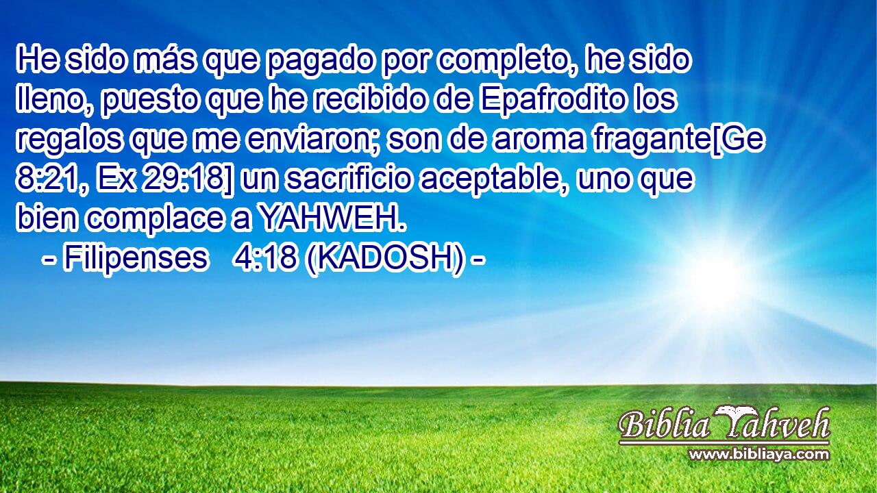  He sido más que pagado por completo, he sido lleno, puesto que he recibido de Epafrodito los regalos que me enviaron; son de aroma fragante[Ge 8:21, Ex 29:18] un sacrificio aceptable, uno que bien complace a YAHWEH. 