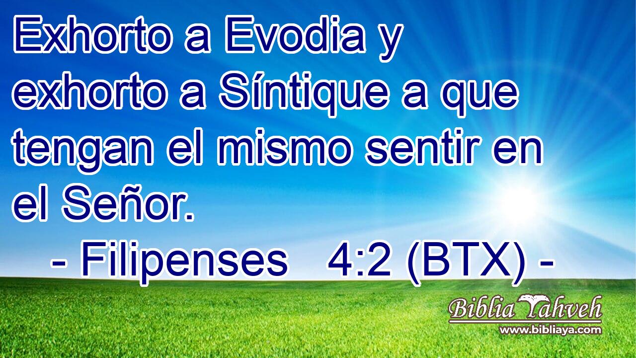 Exhorto a Evodia y exhorto a Síntique a que tengan el mismo sentir en el Señor.