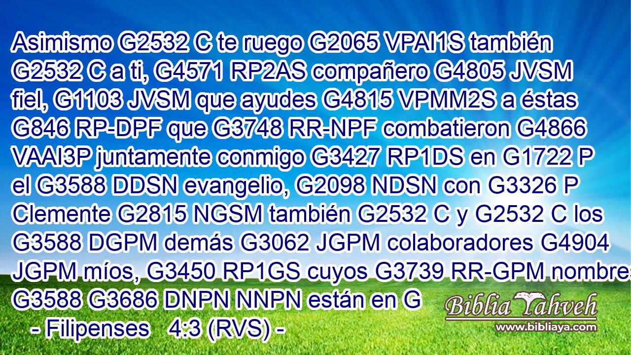 Asimismo G2532 C te ruego G2065 VPAI1S también G2532 C a ti, G4571 RP2AS compañero G4805 JVSM fiel, G1103 JVSM que ayudes G4815 VPMM2S a éstas G846 RP-DPF que G3748 RR-NPF combatieron G4866 VAAI3P juntamente conmigo G3427 RP1DS en G1722 P el G3588 DDSN evangelio, G2098 NDSN con G3326 P Clemente G2815 NGSM también G2532 C y G2532 C los G3588 DGPM demás G3062 JGPM colaboradores G4904 JGPM míos, G3450 RP1GS cuyos G3739 RR-GPM nombres G3588 G3686 DNPN NNPN están en G