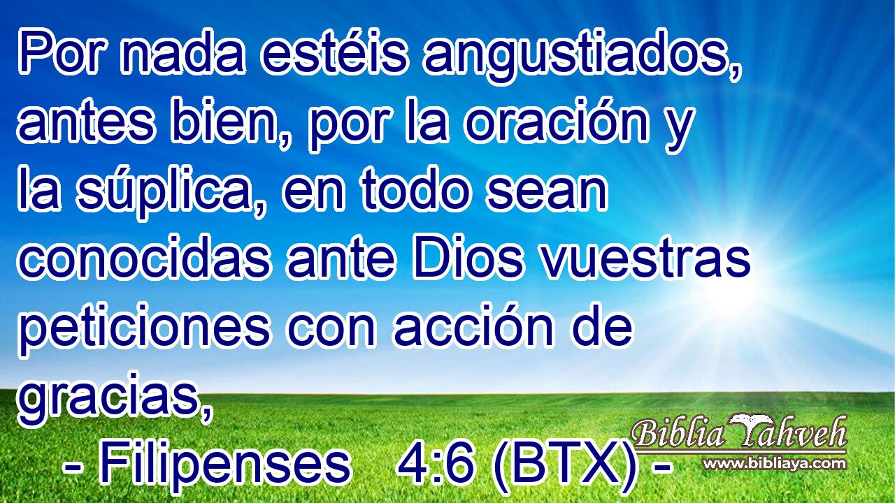 Por nada estéis angustiados, antes bien, por la oración y la súplica, en todo sean conocidas ante Dios vuestras peticiones con acción de gracias,