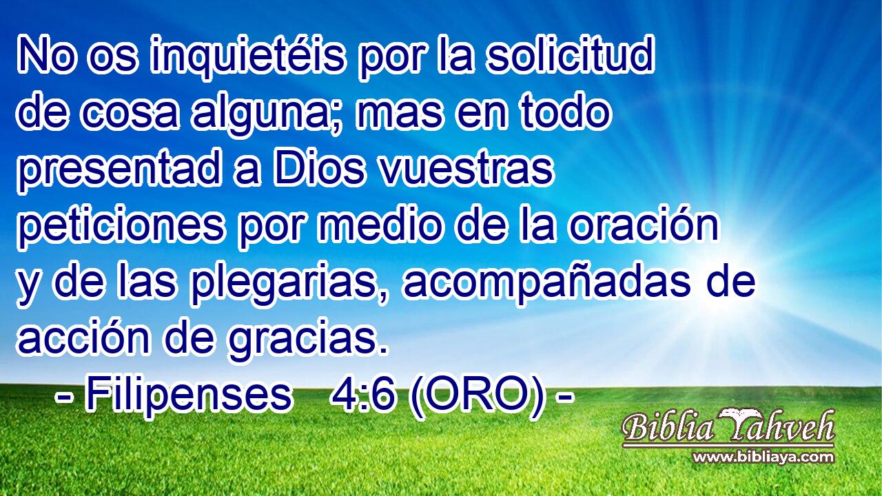  No os inquietéis por la solicitud de cosa alguna; mas en todo presentad a Dios vuestras peticiones por medio de la oración y de las plegarias, acompañadas de acción de gracias. 