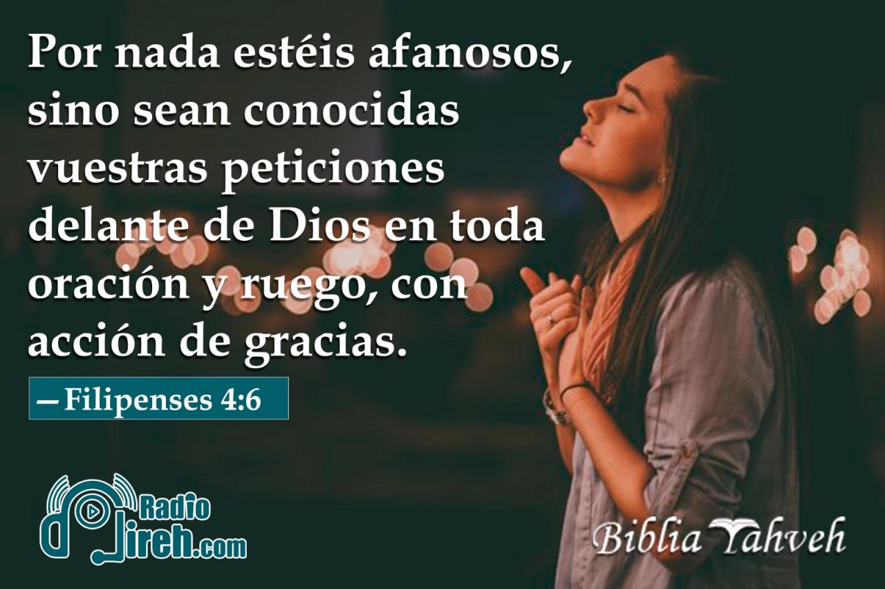 Por nada estéis afanosos, sino sean conocidas vuestras peticiones delante de Dios en toda oración y ruego, con acción de gracias.