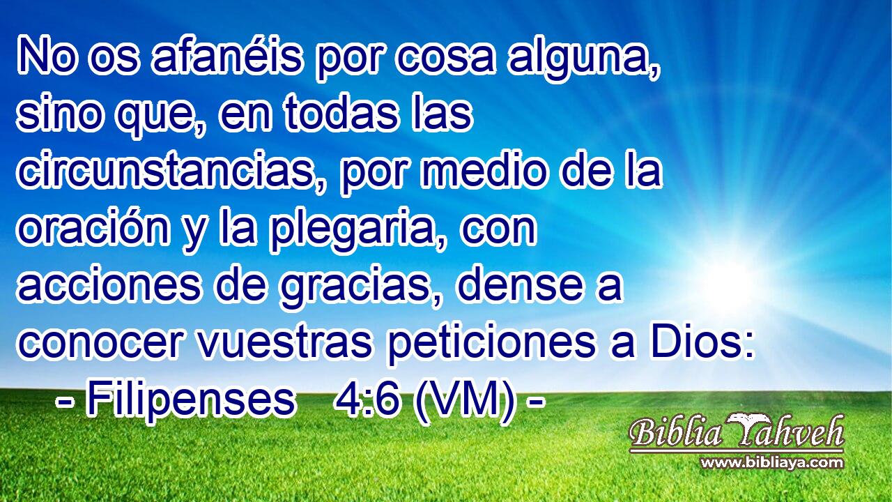  No os afanéis por cosa alguna, sino que, en todas las circunstancias, por medio de la oración y la plegaria, con acciones de gracias, dense a conocer vuestras peticiones a Dios: 