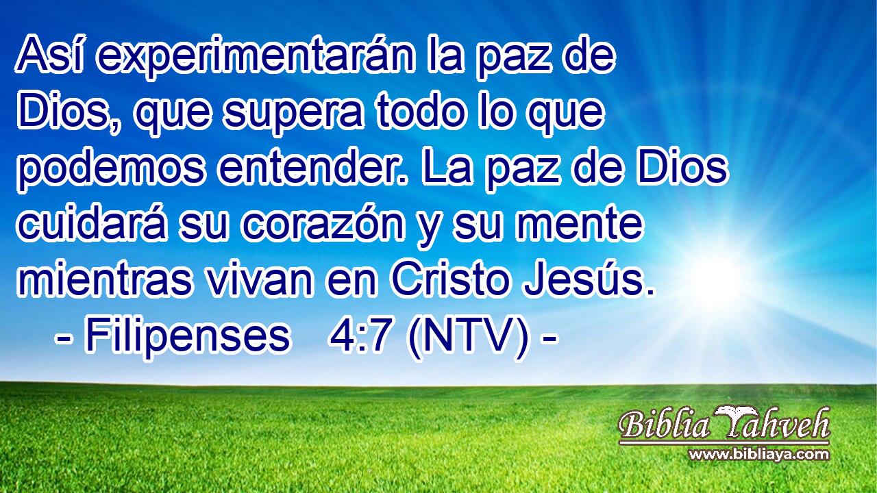 Así experimentarán la paz de Dios, que supera todo lo que podemos entender. La paz de Dios cuidará su corazón y su mente mientras vivan en Cristo Jesús.