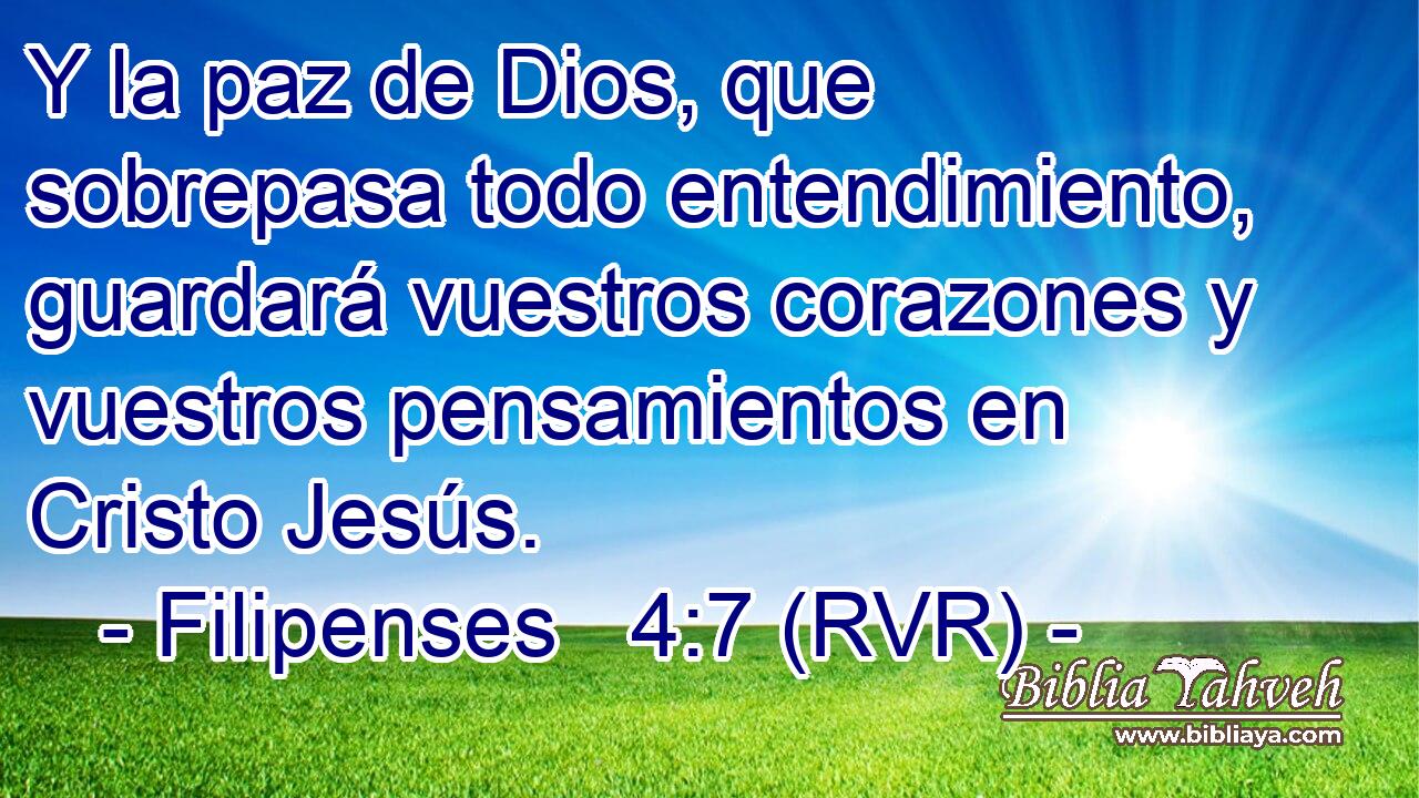 Y la paz de Dios, que sobrepasa todo entendimiento, guardará vuestros corazones y vuestros pensamientos en Cristo Jesús.