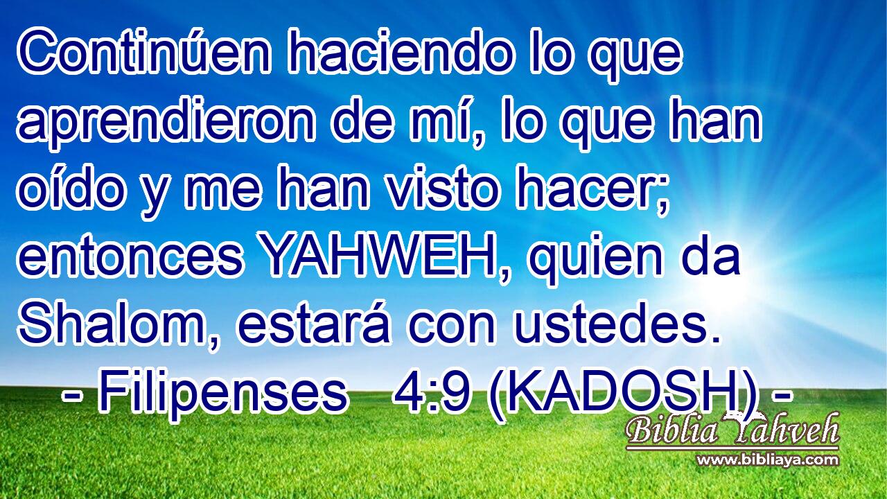  Continúen haciendo lo que aprendieron de mí, lo que han oído y me han visto hacer; entonces YAHWEH, quien da Shalom, estará con ustedes. 