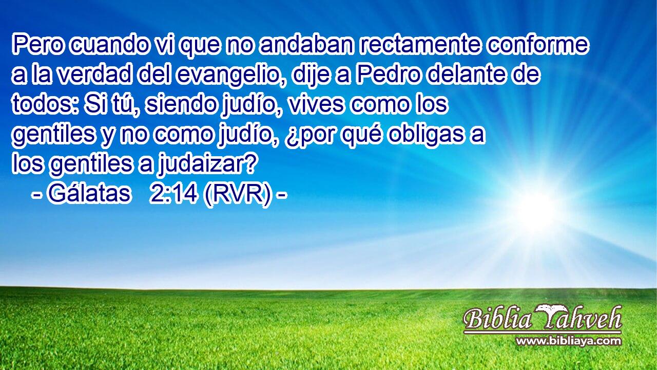 Pero cuando vi que no andaban rectamente conforme a la verdad del evangelio, dije a Pedro delante de todos: Si tú, siendo judío, vives como los gentiles y no como judío, ¿por qué obligas a los gentiles a judaizar?