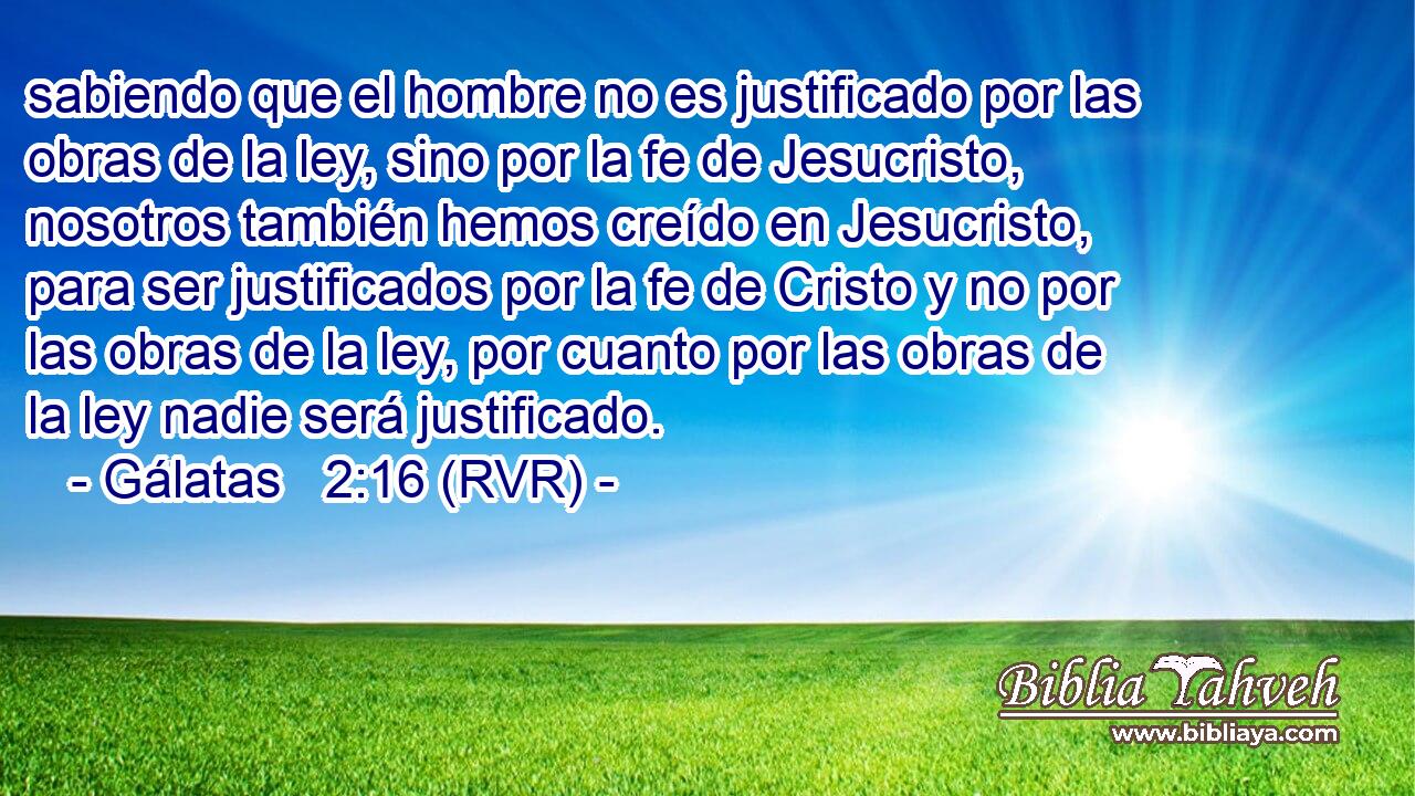 sabiendo que el hombre no es justificado por las obras de la ley, sino por la fe de Jesucristo, nosotros también hemos creído en Jesucristo, para ser justificados por la fe de Cristo y no por las obras de la ley, por cuanto por las obras de la ley nadie será justificado.