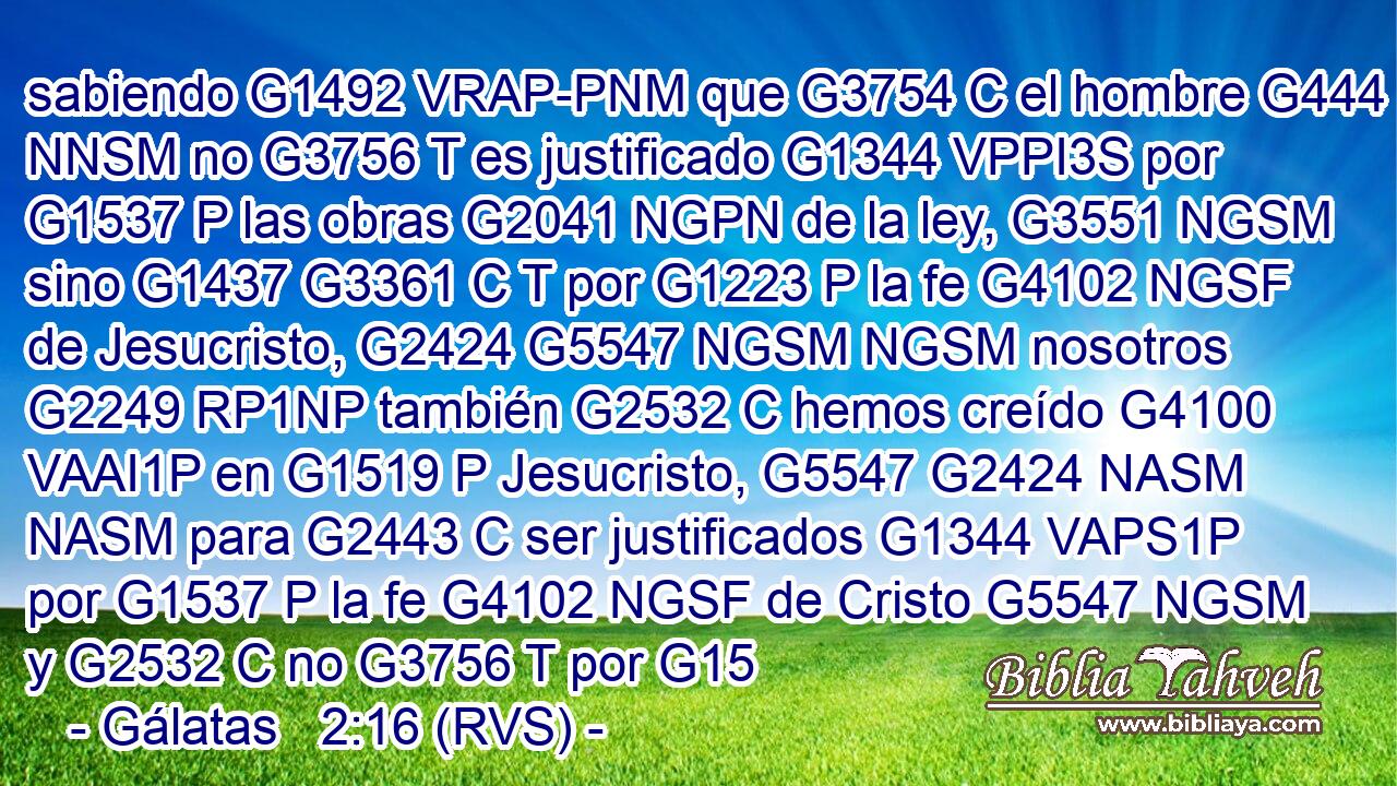 sabiendo G1492 VRAP-PNM que G3754 C el hombre G444 NNSM no G3756 T es justificado G1344 VPPI3S por G1537 P las obras G2041 NGPN de la ley, G3551 NGSM sino G1437 G3361 C T por G1223 P la fe G4102 NGSF de Jesucristo, G2424 G5547 NGSM NGSM nosotros G2249 RP1NP también G2532 C hemos creído G4100 VAAI1P en G1519 P Jesucristo, G5547 G2424 NASM NASM para G2443 C ser justificados G1344 VAPS1P por G1537 P la fe G4102 NGSF de Cristo G5547 NGSM y G2532 C no G3756 T por G15