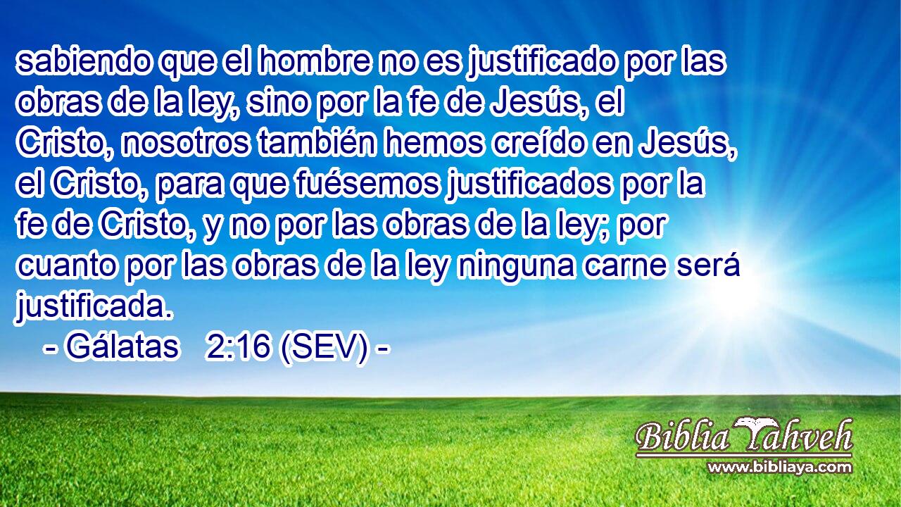 sabiendo que el hombre no es justificado por las obras de la ley, sino por la fe de Jesús, el Cristo, nosotros también hemos creído en Jesús, el Cristo, para que fuésemos justificados por la fe de Cristo, y no por las obras de la ley; por cuanto por las obras de la ley ninguna carne será justificada.