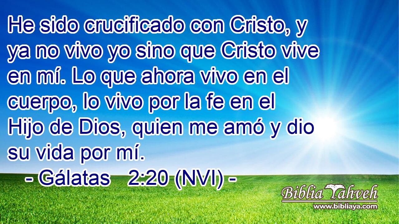  He sido crucificado con Cristo, y ya no vivo yo sino que Cristo vive en mí. Lo que ahora vivo en el cuerpo, lo vivo por la fe en el Hijo de Dios, quien me amó y dio su vida por mí. 