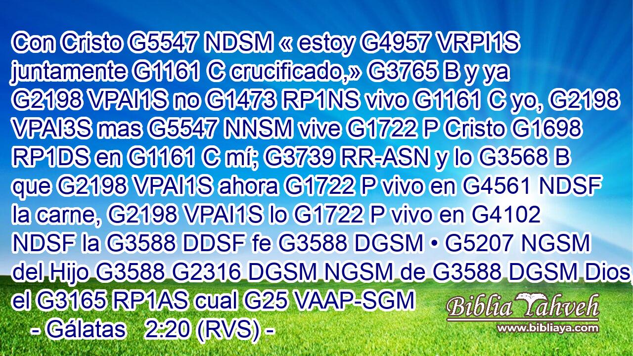 Con Cristo G5547 NDSM « estoy G4957 VRPI1S juntamente G1161 C crucificado,» G3765 B y ya G2198 VPAI1S no G1473 RP1NS vivo G1161 C yo, G2198 VPAI3S mas G5547 NNSM vive G1722 P Cristo G1698 RP1DS en G1161 C mí; G3739 RR-ASN y lo G3568 B que G2198 VPAI1S ahora G1722 P vivo en G4561 NDSF la carne, G2198 VPAI1S lo G1722 P vivo en G4102 NDSF la G3588 DDSF fe G3588 DGSM • G5207 NGSM del Hijo G3588 G2316 DGSM NGSM de G3588 DGSM Dios, el G3165 RP1AS cual G25 VAAP-SGM