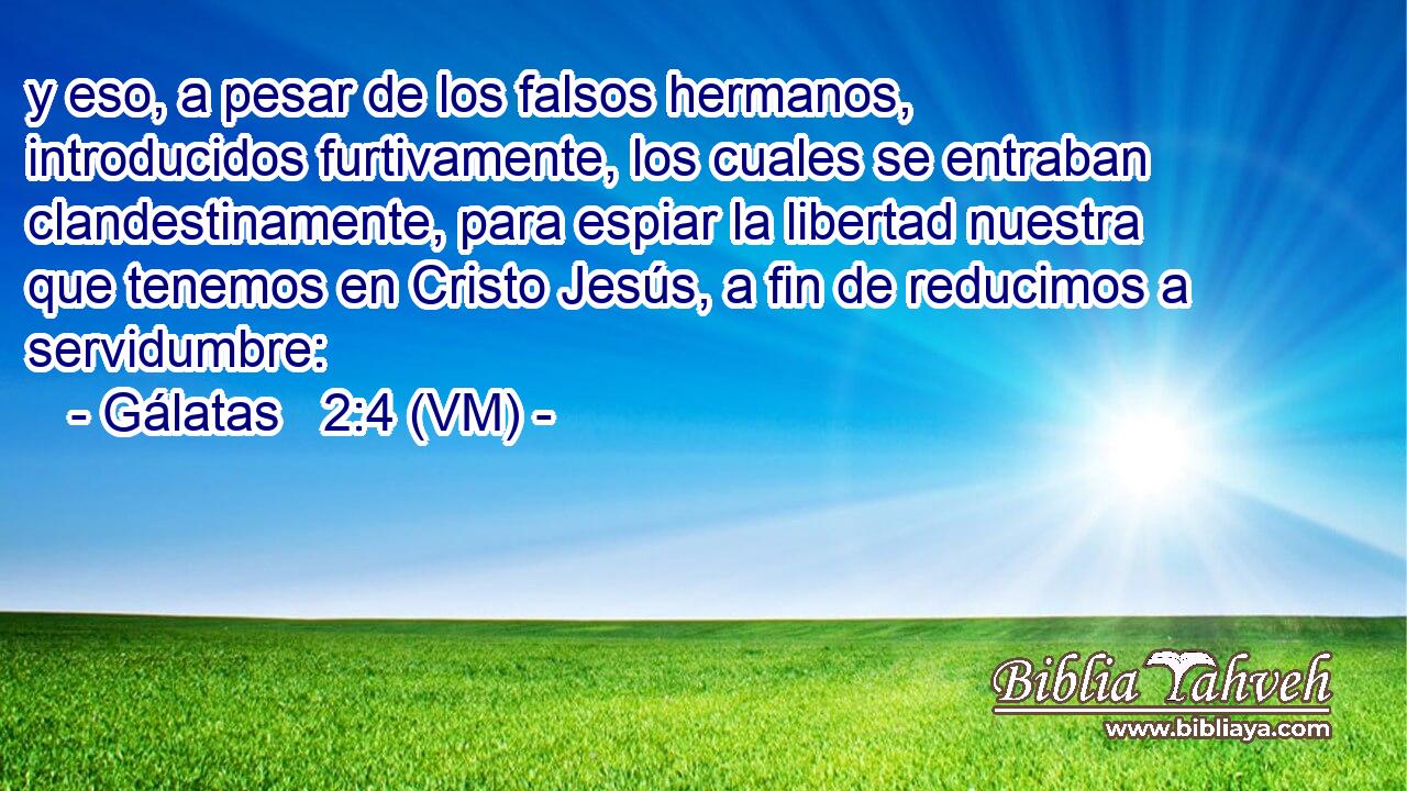 y eso, a pesar de los falsos hermanos, introducidos furtivamente, los cuales se entraban clandestinamente, para espiar la libertad nuestra que tenemos en Cristo Jesús, a fin de reducimos a servidumbre: 